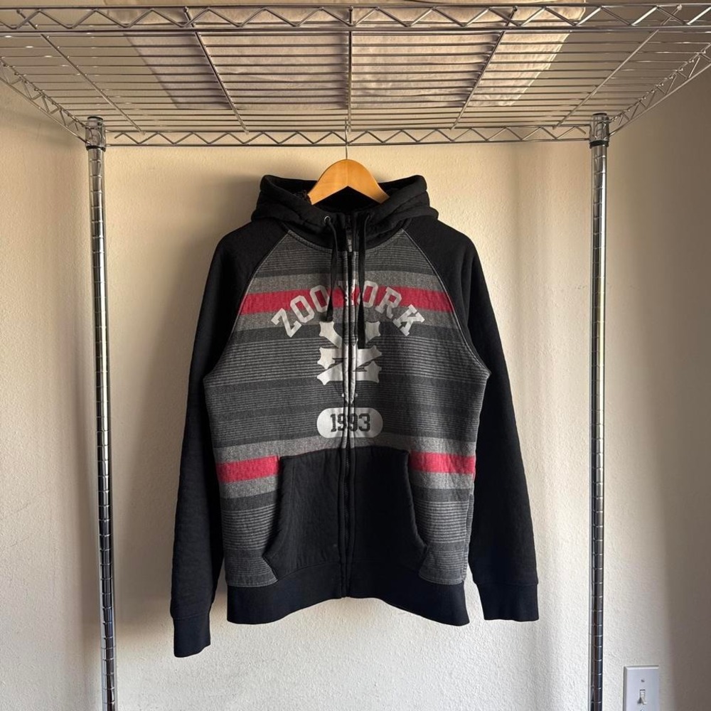 Vintage Zoo York black & red striped sherpa lined zip up hoodie jacket pullover